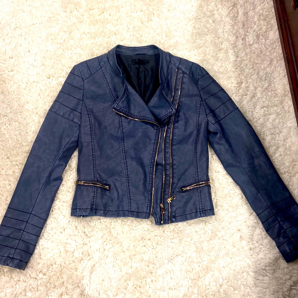 greyish blue leather jacket